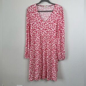 Boden Hattie Jersey Dress Red White Leaf Print Long Sleeve V-Neck Sz 10R Stretch